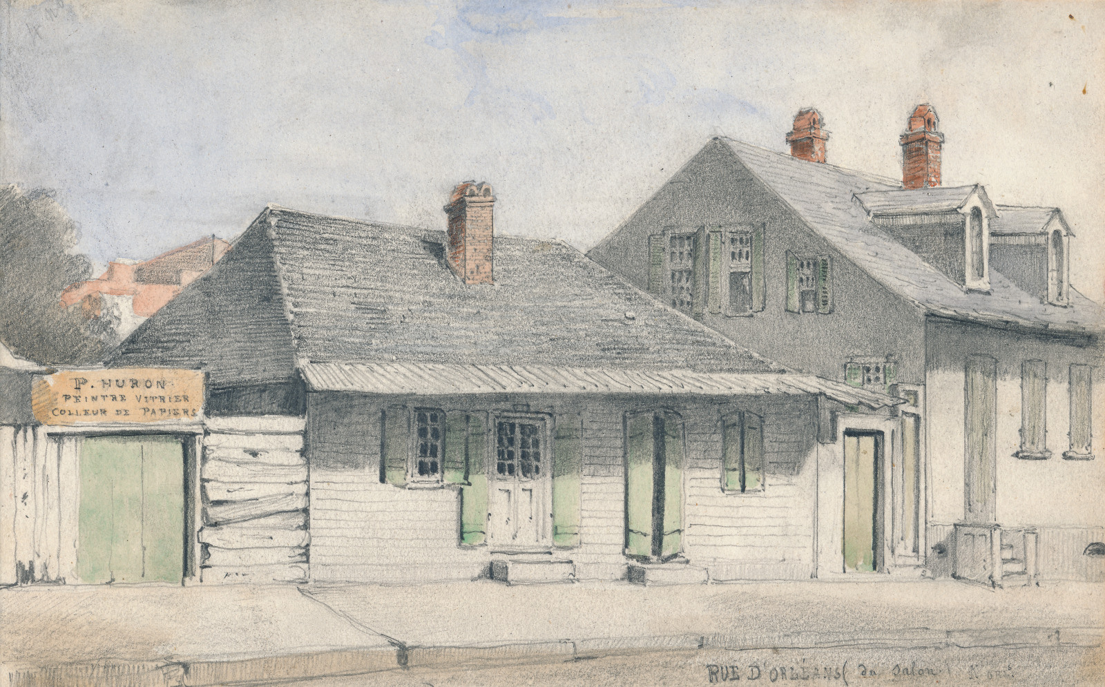 A vintage illustration of a street scene featuring two old wooden buildings with chimneys and shuttered windows. The building on the left has a sign reading P. Huron and Collier de Papier in French. The street is labeled Rue dOrleans.