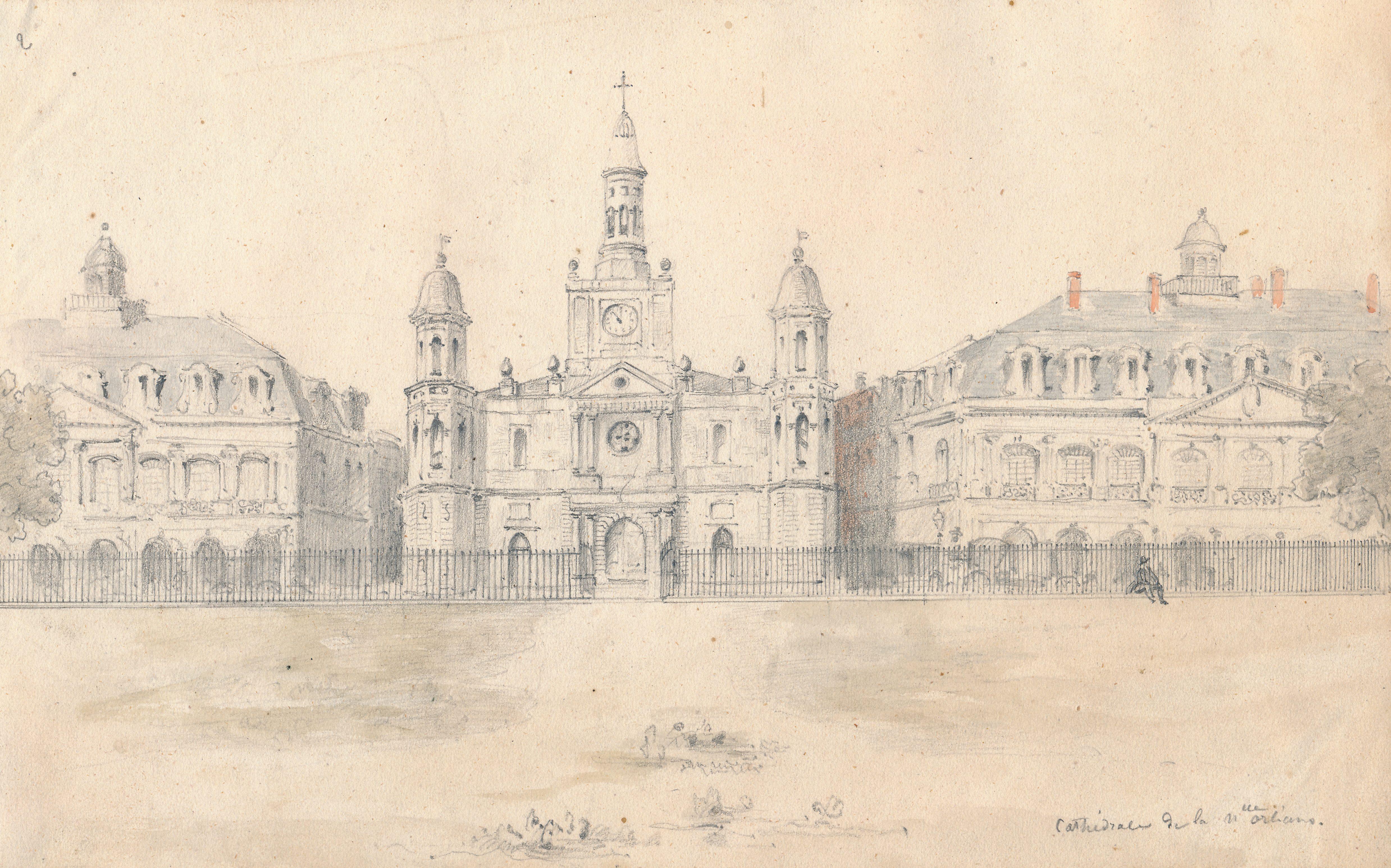 A detailed pencil sketch of Colonial Williamsburgs Governors Palace. The central building features a clock tower and cupolas, with symmetrical wings on each side. A fence runs along the front, and trees frame the scene.