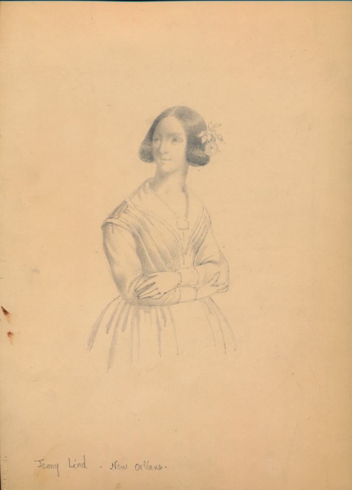 A pencil sketch of a woman with mid-19th century styled hair and a modest dress, standing with her arms crossed. She has a flower in her hair and Jenny Lind - New Orleans is written below. The background is plain.