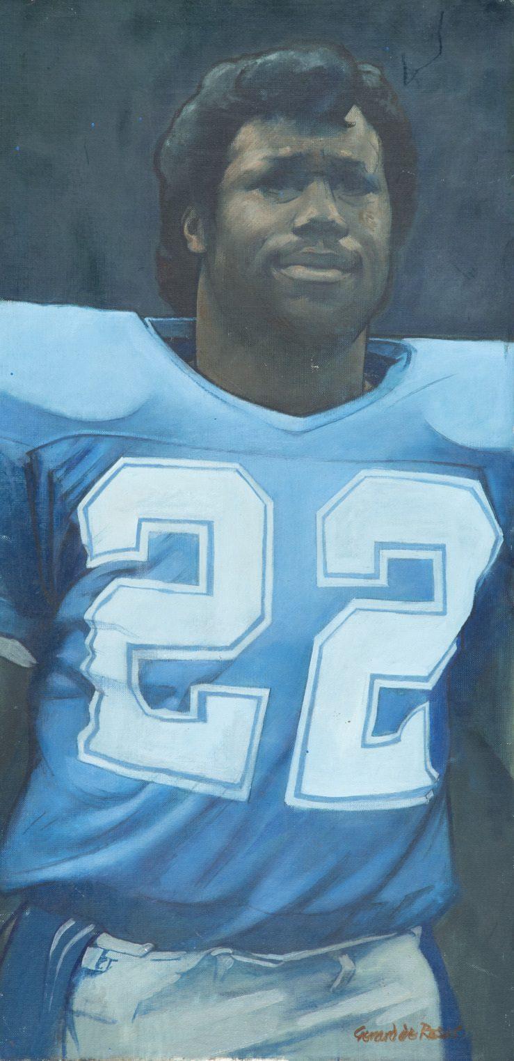 A painting of a football player wearing a blue jersey with the number 22. The player stands with a serious expression against a dark background.