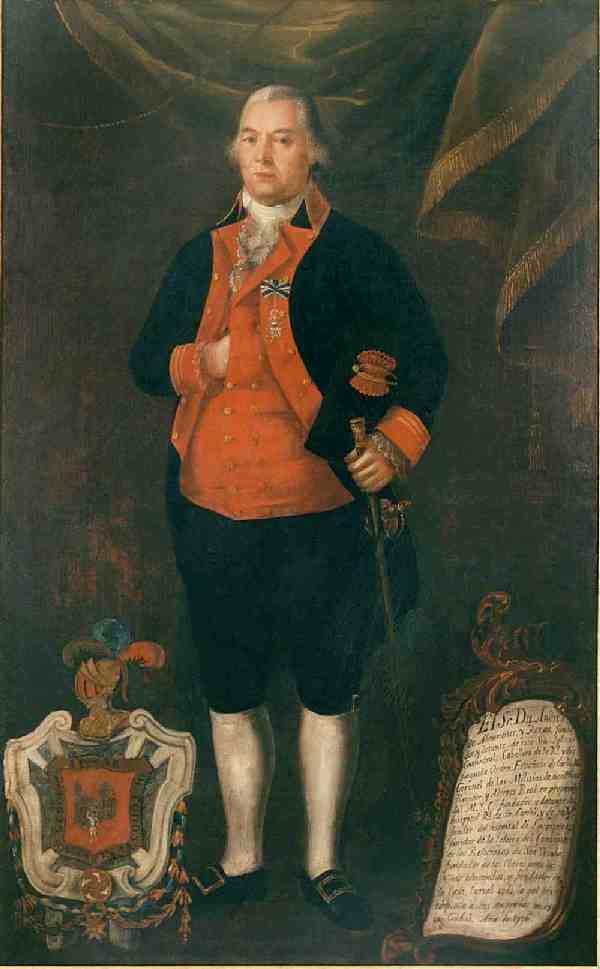 A historical painting depicts a man in 18th-century attire, holding a sword. He wears a red coat with decorations and stands beside a shield and a scroll with text. A draped fabric is in the background.