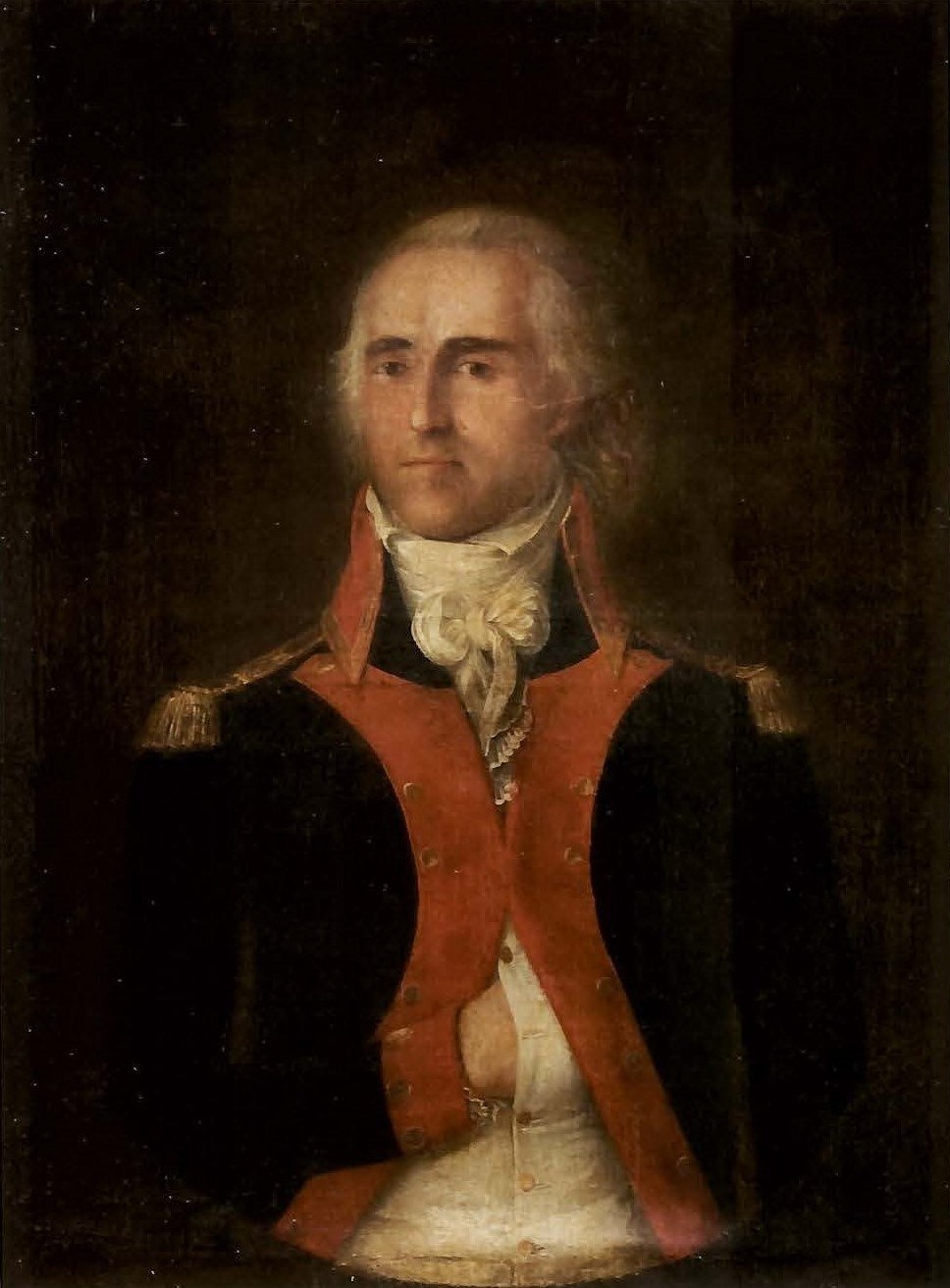 A historical painting of a man in a military uniform with a red and black coat and gold epaulettes. He stands with one hand inside his coat, against a dark background.
