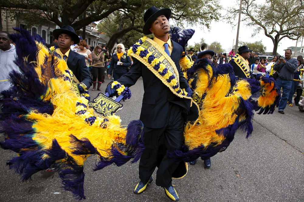 A group of people in vibrant costumes parade down a street lined with spectators. They wear yellow and purple feathered attire and black suits, exuding joy and energy. Trees line the urban sidewalk in the background.