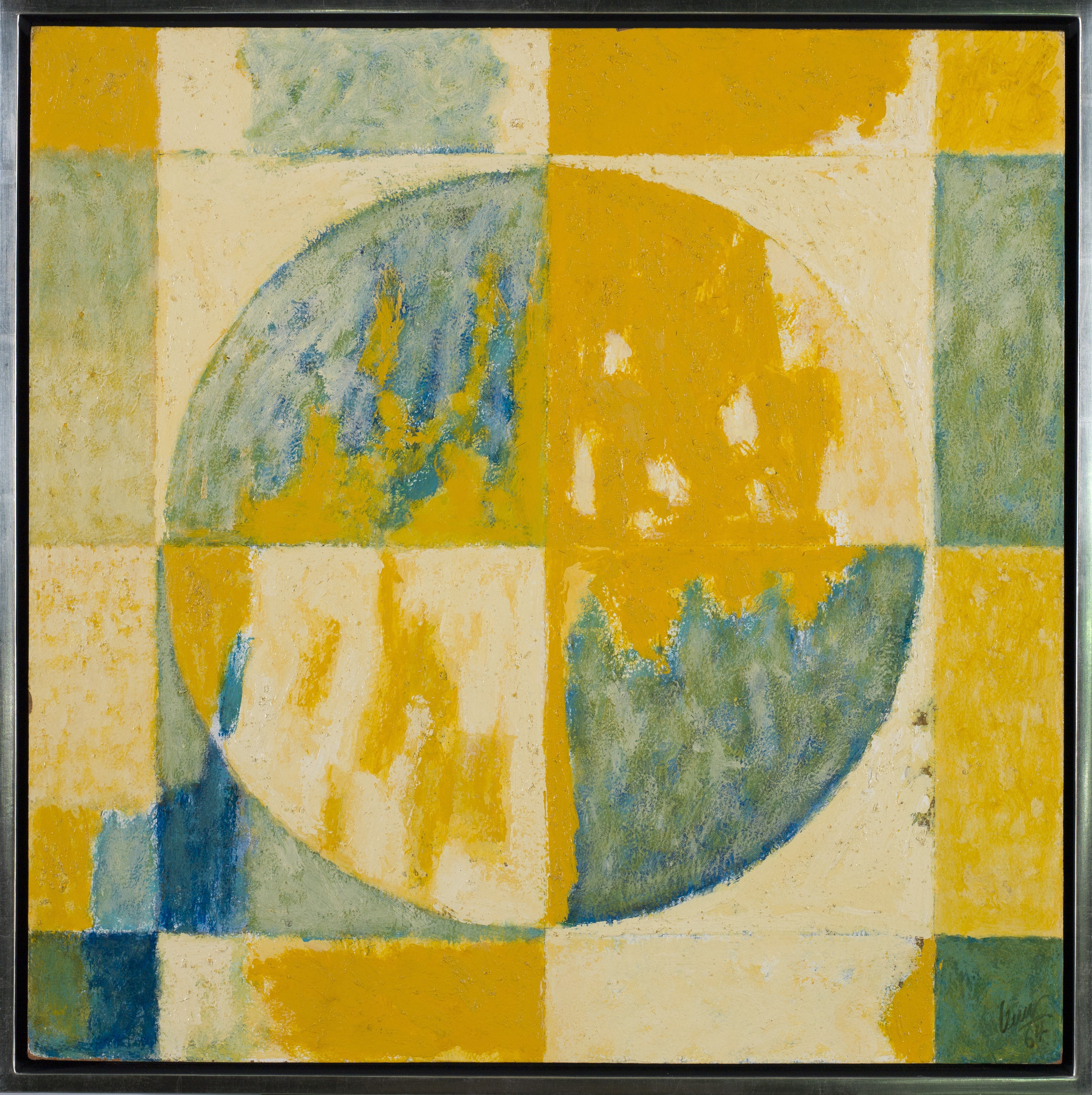 Abstract painting with a large circle divided into quadrants, featuring textured blocks of mustard yellow, muted blue, and cream. The background is a patchwork of similar colors, creating a geometric and harmonious composition.