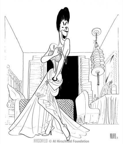 A monochrome cartoon of a person with a tall hairstyle, laughing joyfully while putting on a long dress. They are in a room with a bed, window, chair, and a hanging lampshade.