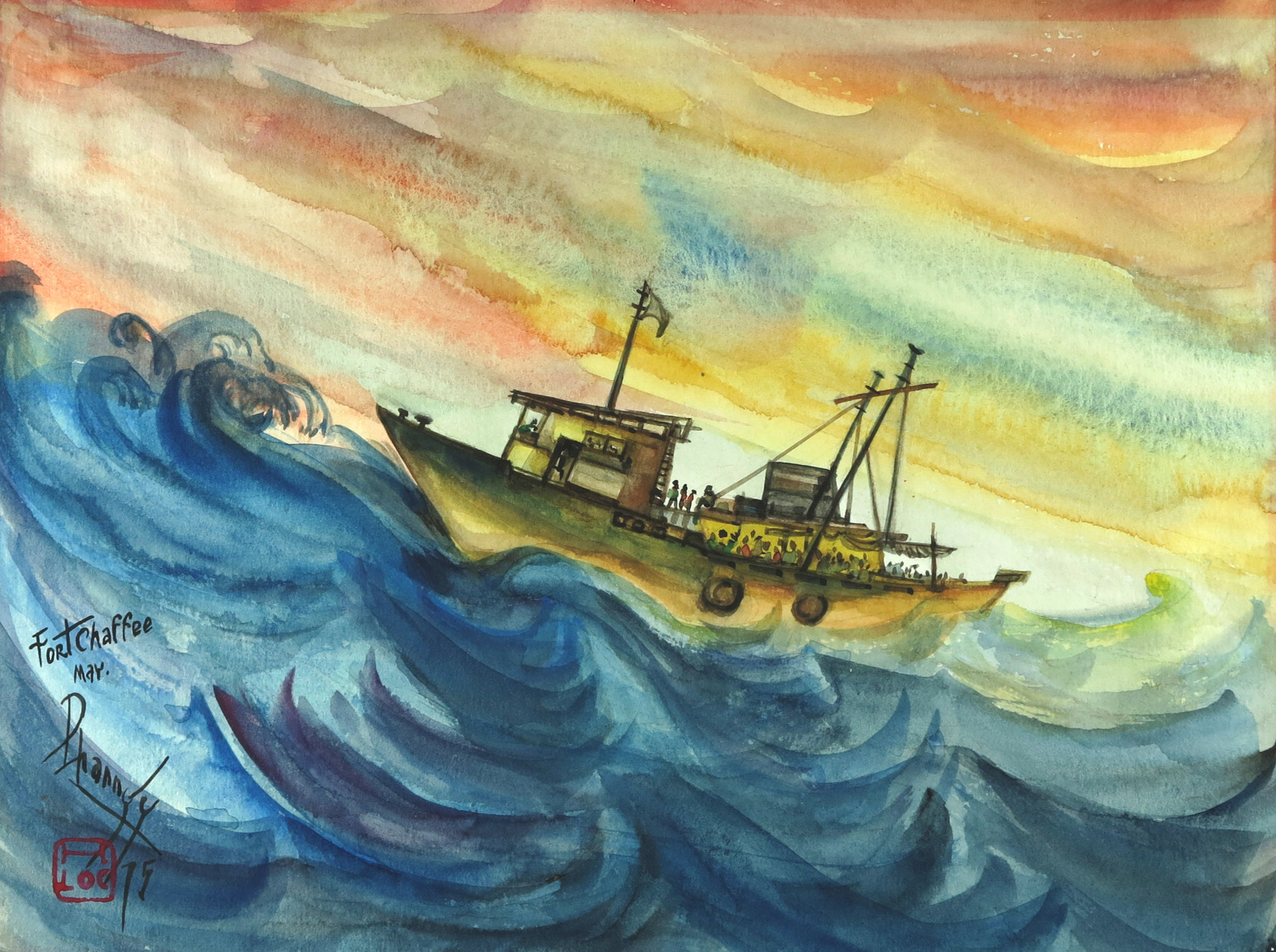 A vibrant watercolor painting depicts a small ship carrying Vietnamese refugees to America in rough seas.