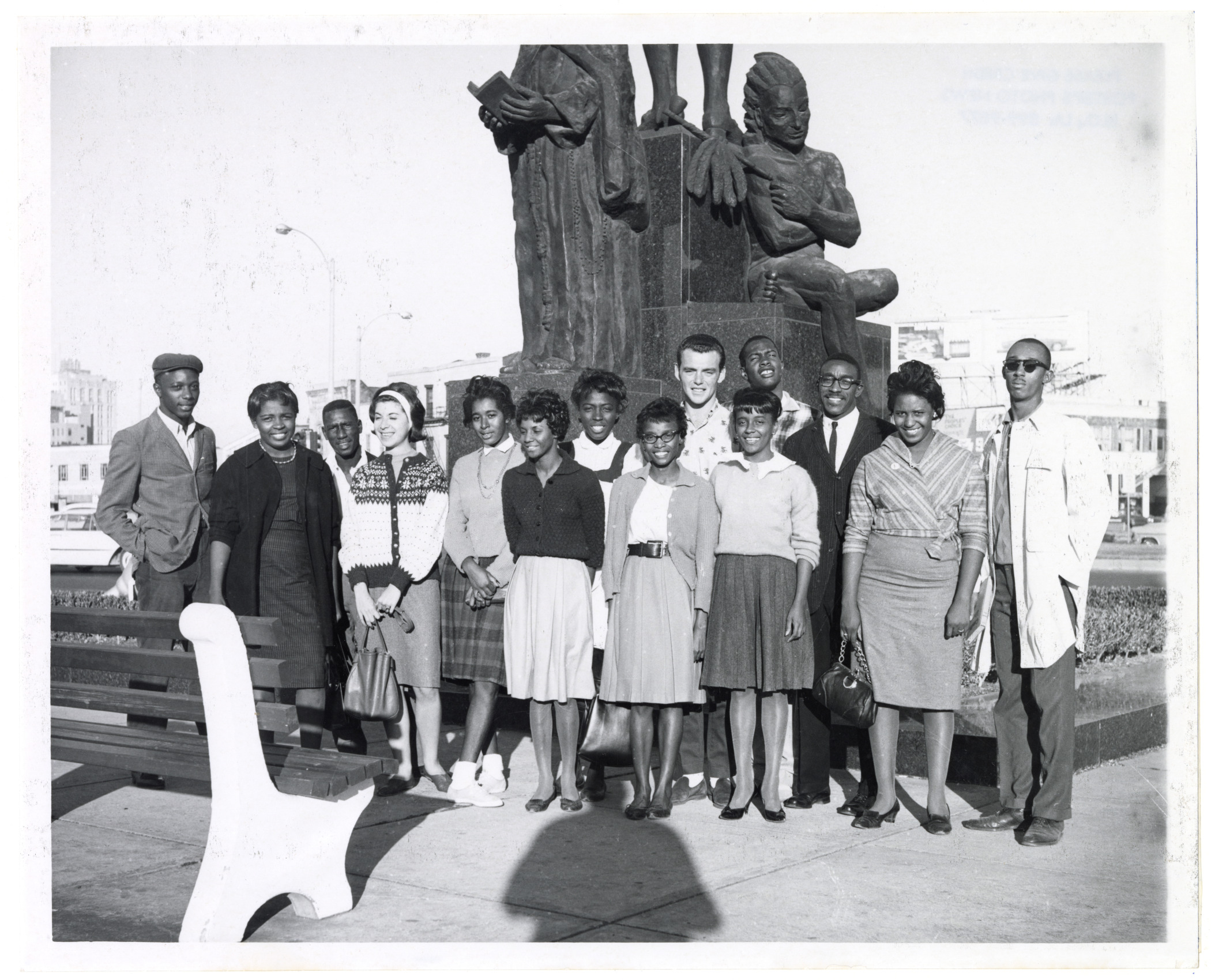 A black and white photo shows CORE members after integrating the New Orleans Trailways bus terminal, circa 1961.