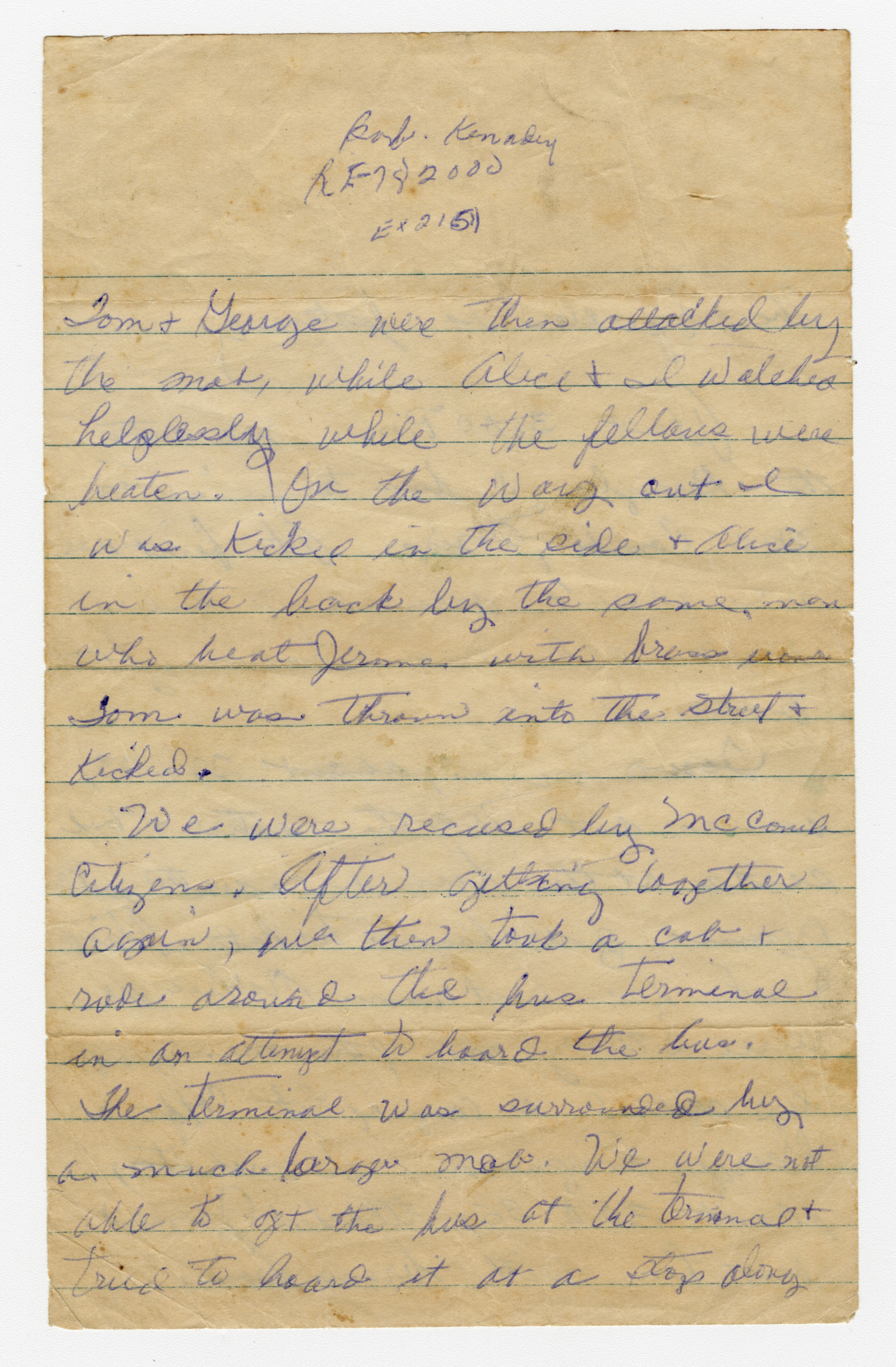 A photograph of Smith-Simmons’s notes from Freedom Ride to McComb, Mississippi, dated November 29, 1961.
