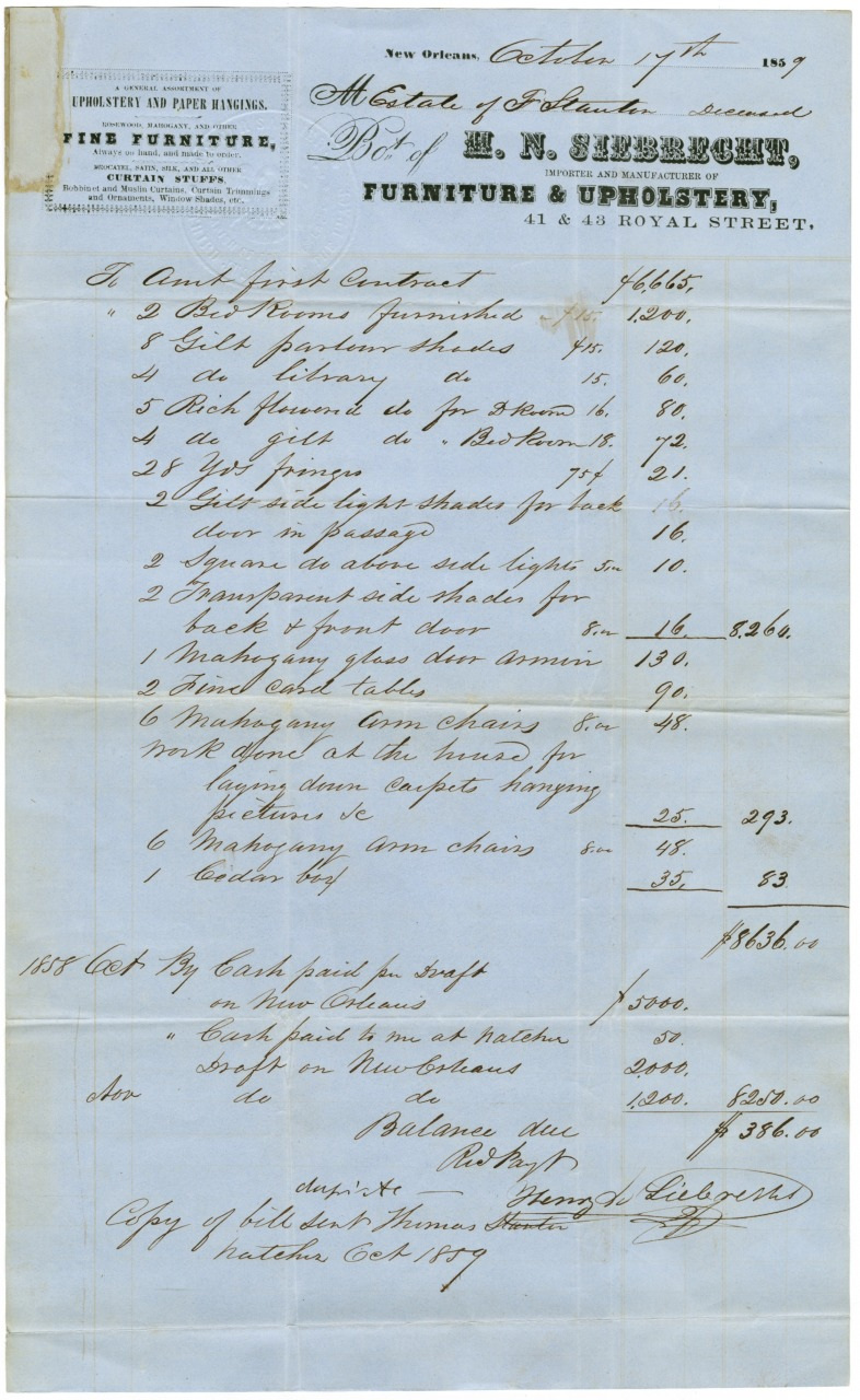 A vintage 1858 invoice from H.N. Seebrecht Furniture & Upholstery, New Orleans. The document lists various furniture items, their costs, and totals, with handwritten annotations and signatures.