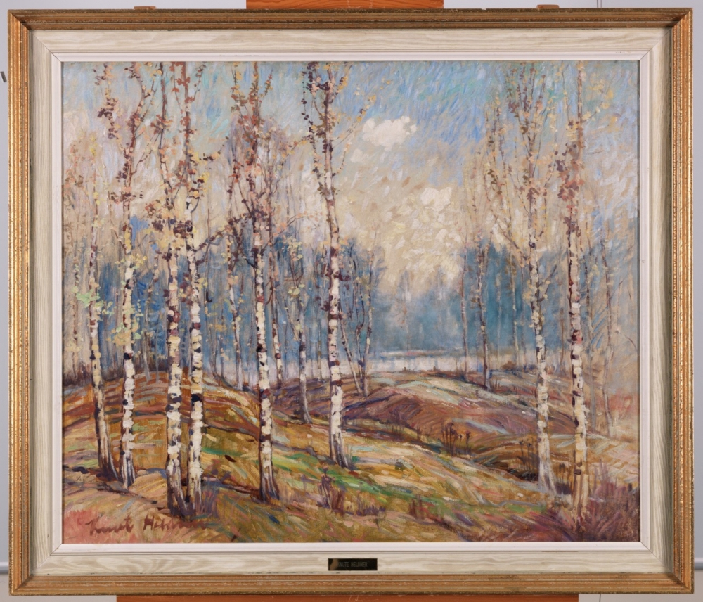 A framed painting of a serene landscape with tall birch trees in the foreground. The ground is covered with dry grasses and the sky is a mix of clouds and blue. In the background, a glimpse of a calm river or lake can be seen.