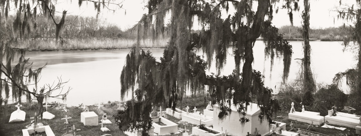 A serene black and white image of a riverside cemetery with large trees draped in Spanish moss. Several tombstones and graves are visible, surrounded by natural landscapes and calm water in the background.