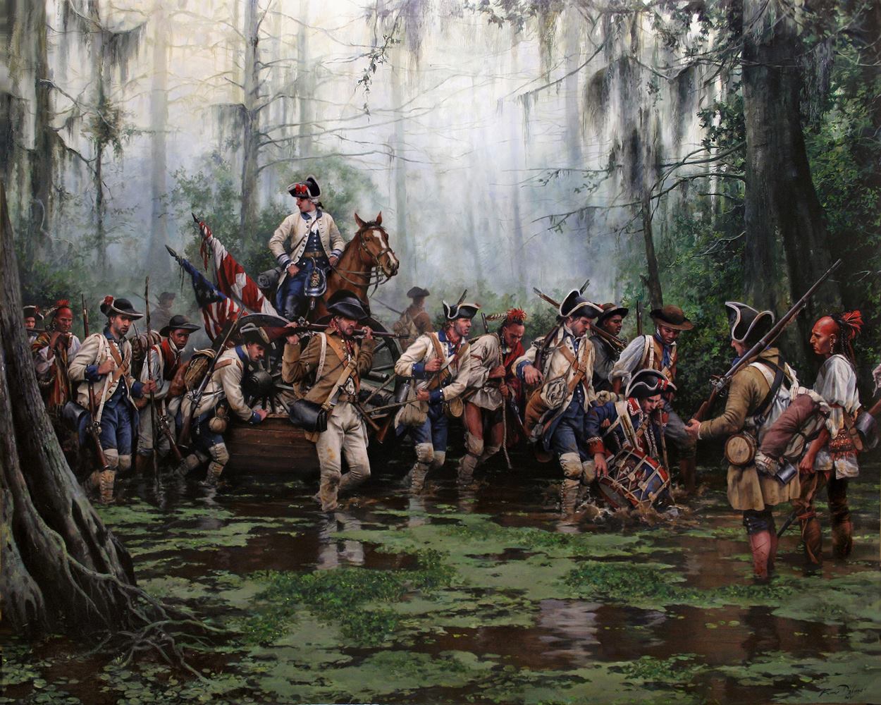 "La Marcha de Gálvez," an oil painting by Augusto Ferrer-Dalmau showing Spanish coalition troops marching through swamps on their way to Fort Bute.