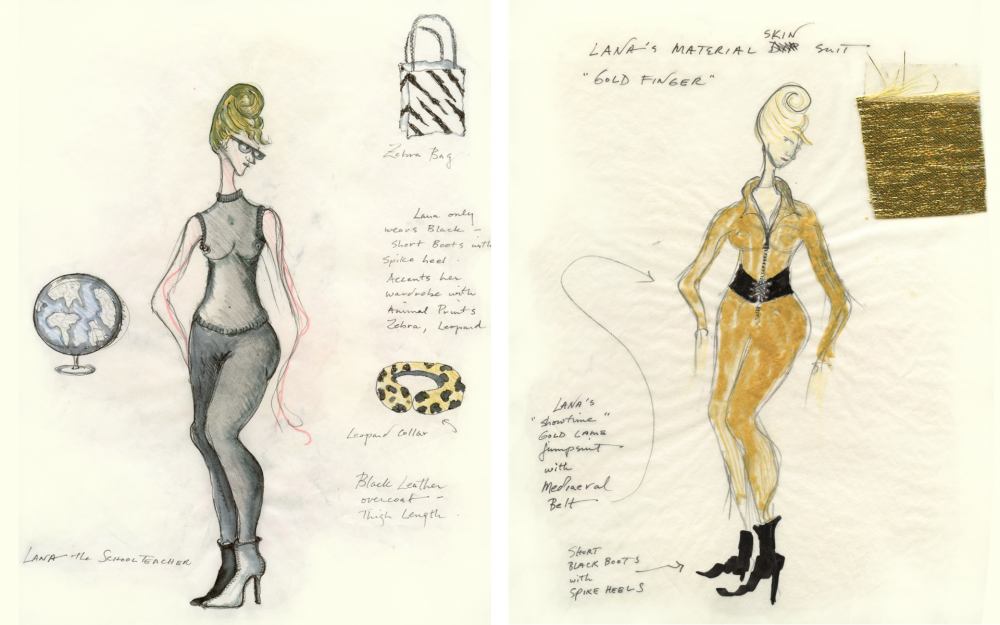 Two fashion sketches. Left: A figure in black sheer bodysuit with a globe nearby. Notes mention latex bag and lace collar. Right: A figure in a gold jumpsuit with a black corset, labeled Lanas material gold finger. Fabric swatch attached.