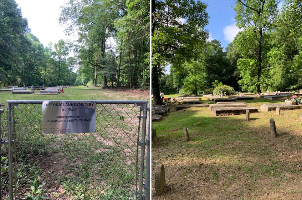 Side-by-side images of a historic cemetery. Left: A metal gate with a sign reading HISTORIC LANE CEMETERY c. 1820 marks the entrance. Right: A view of gravestones scattered across a grassy area surrounded by dense trees.