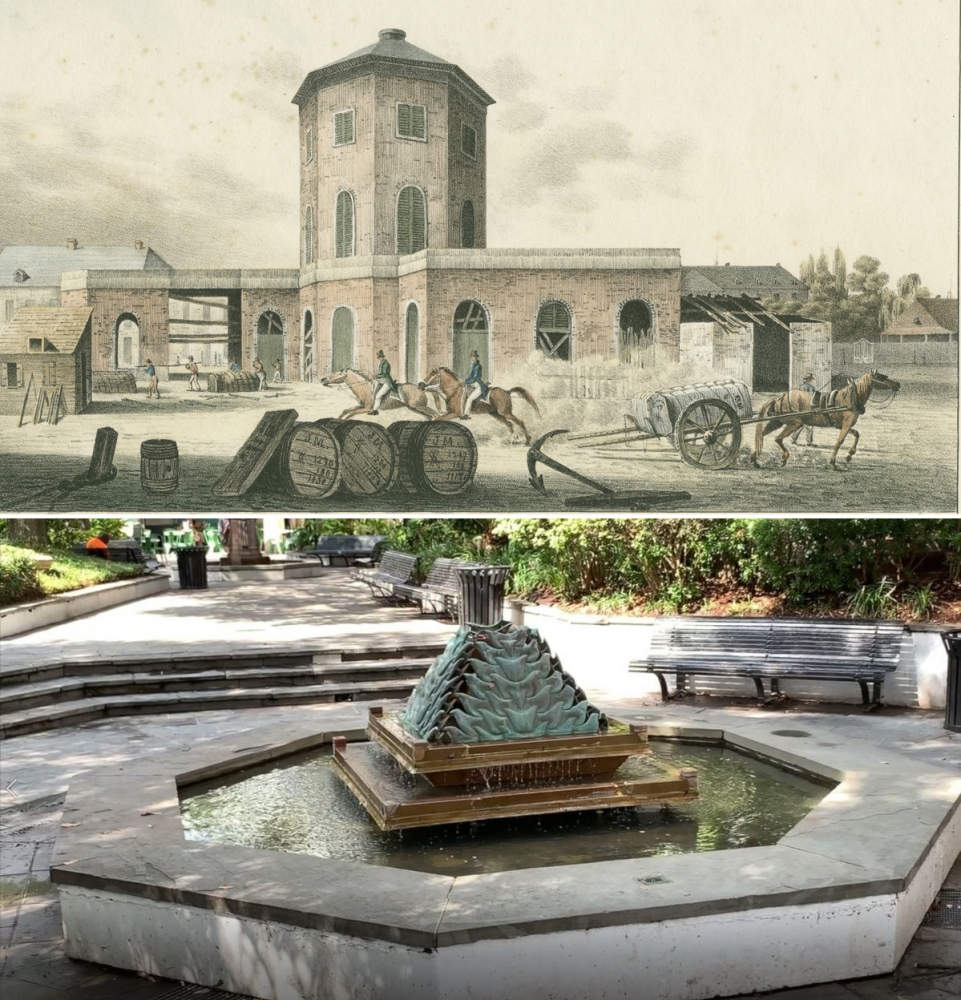 Top: An illustration of a historic brewery with horses and barrels. Bottom: A modern fountain in a park setting, surrounded by benches and trees.