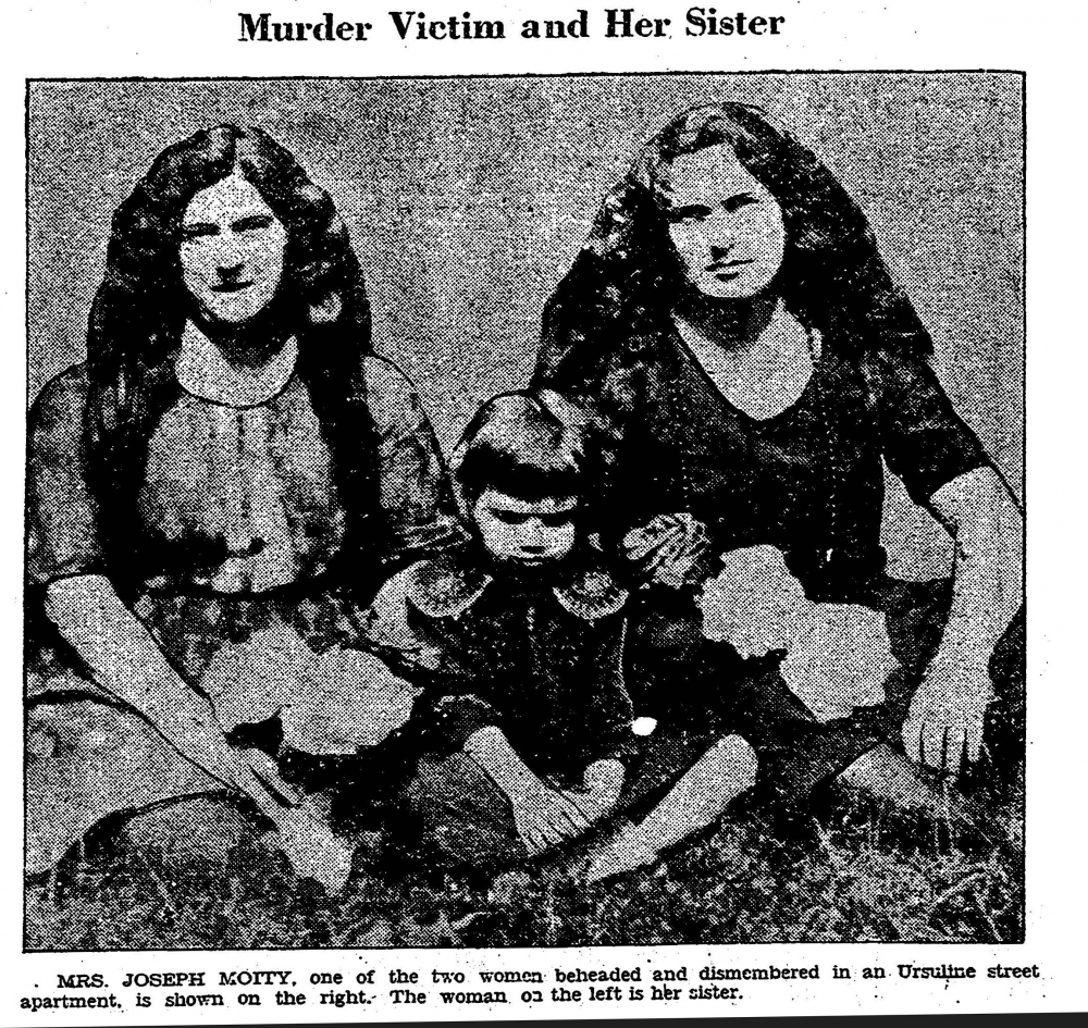 A vintage black-and-white newspaper photograph showing two women seated with a young girl in the center. They are identified as a murder victim and her sister. The image is grainy and marked by age.