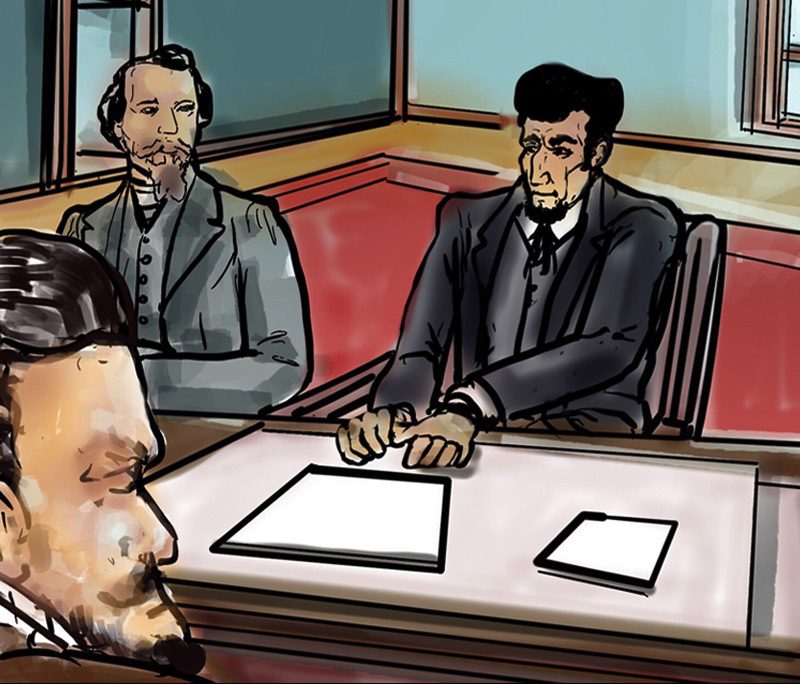 A stylized illustration of four men in a formal meeting room, featuring three sitting and one in the foreground, partially visible. They appear to be engaged in a discussion around a table, with papers in front of them.