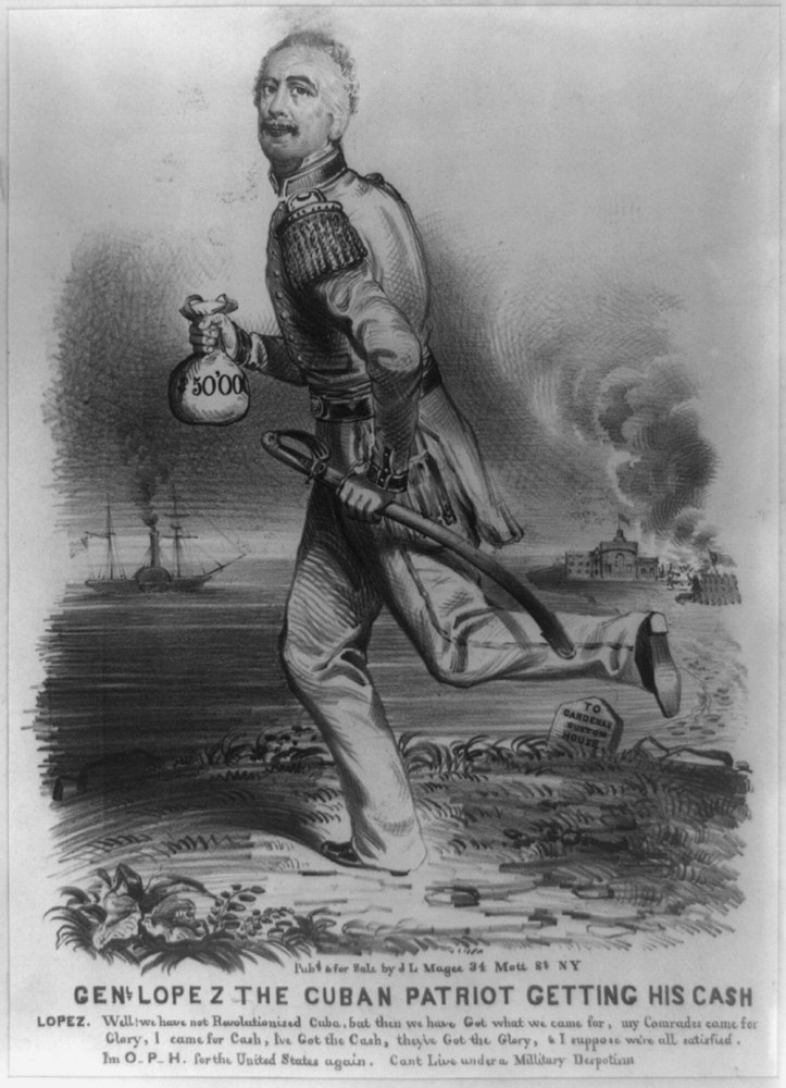 A historical illustration of a man in military attire running with a bag labeled 3000. In the background, a ship and a fort are visible. The text below reads GEN. LOPEZ THE CUBAN PATRIOT GETTING HIS CASH.