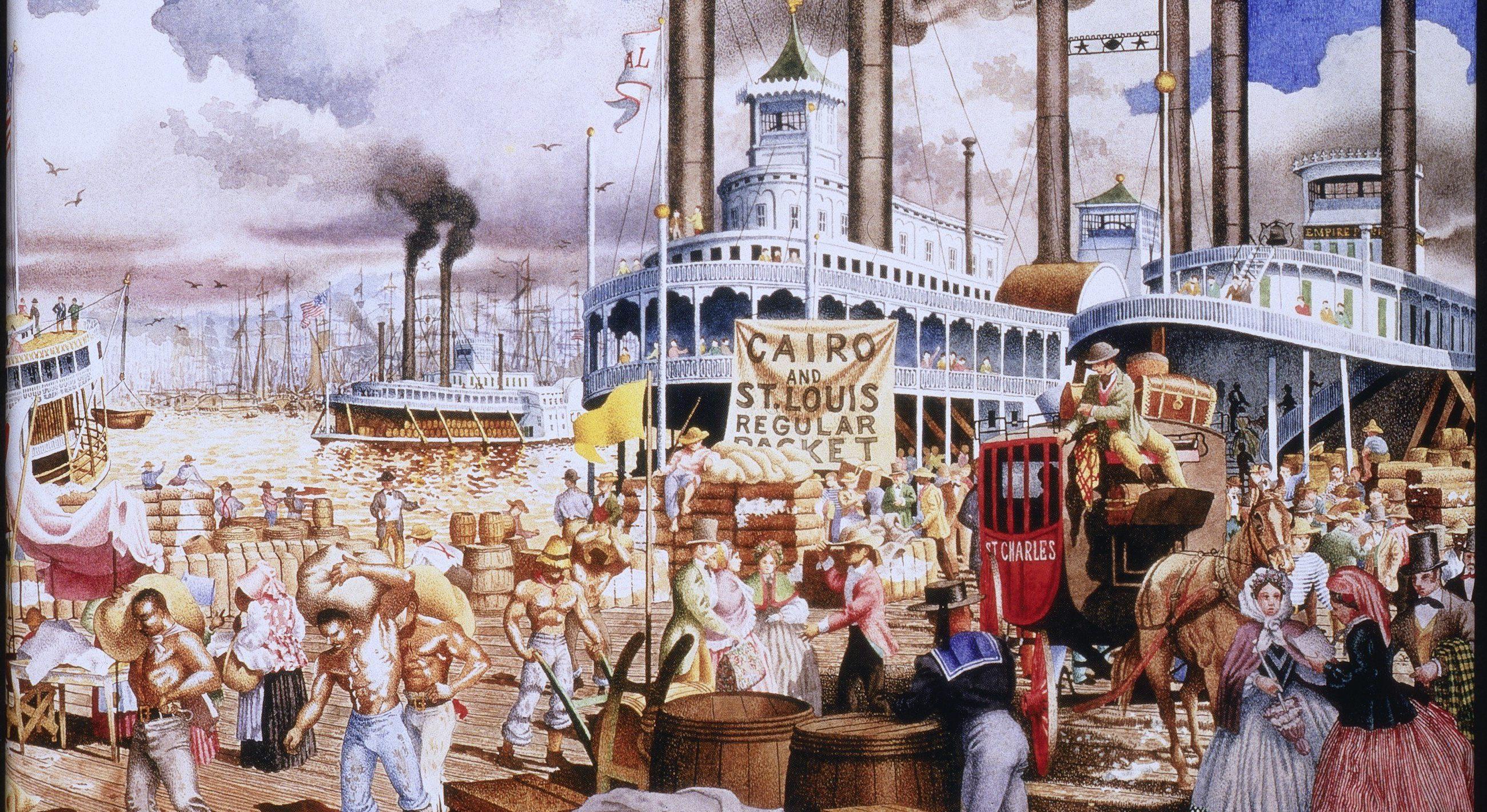 A bustling 19th-century river port scene featuring people loading goods onto steamboats. Signs for Cairo and St. Louis Regular Packet are visible. Steamboats with tall smokestacks and vibrant activity fill the riverside backdrop.