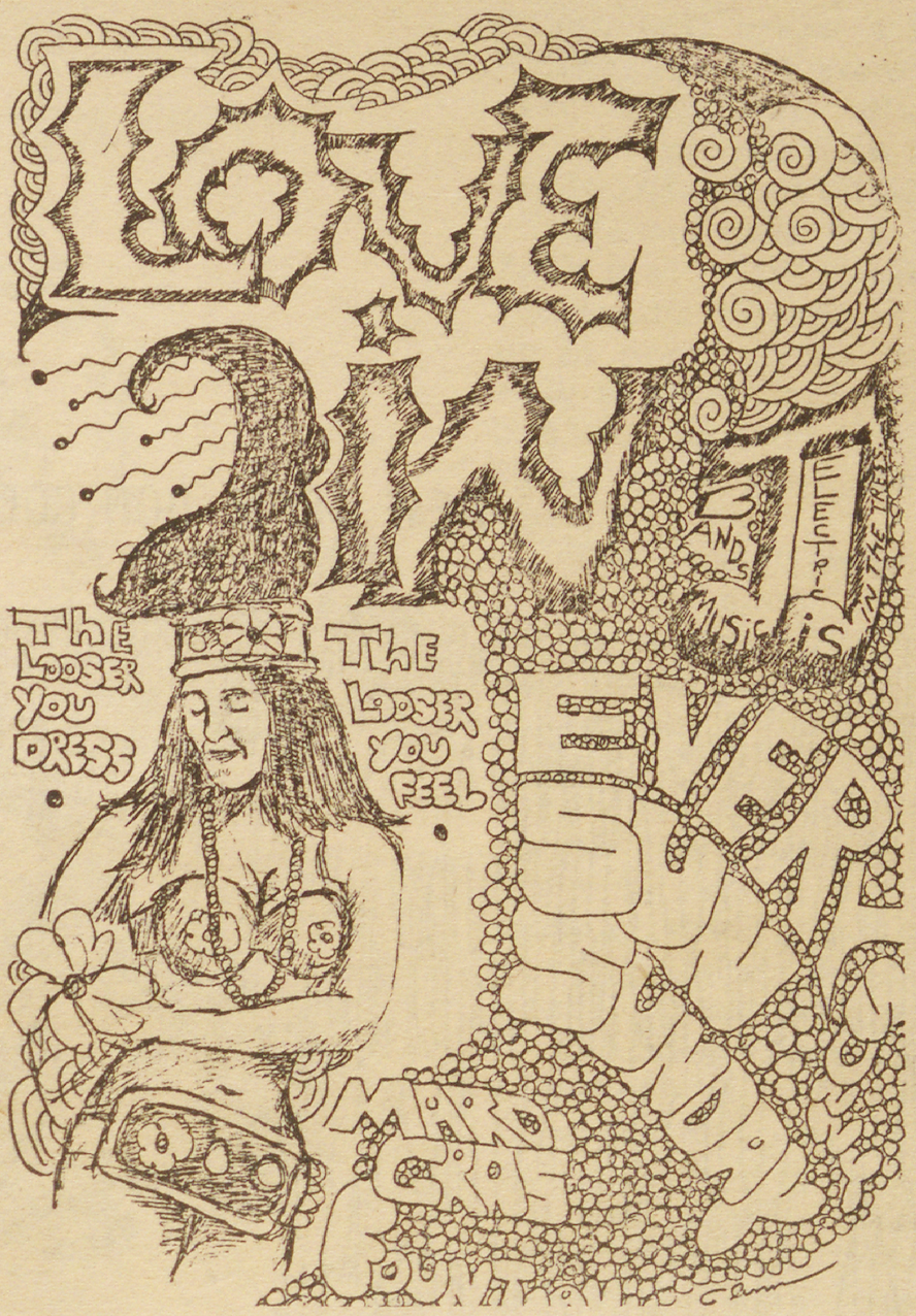 A vintage-style illustration features the text Love In, The looser you dress, the looser you feel, and Every Sun. A person wearing a headdress and beads is drawn with detailed patterns and designs around the text.