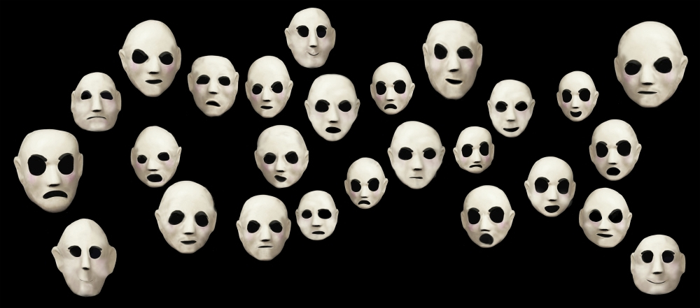 A collection of white, expressionless masks with black eye holes, set against a black background. The masks vary slightly in expression and arrangement, creating a surreal and haunting visual effect.