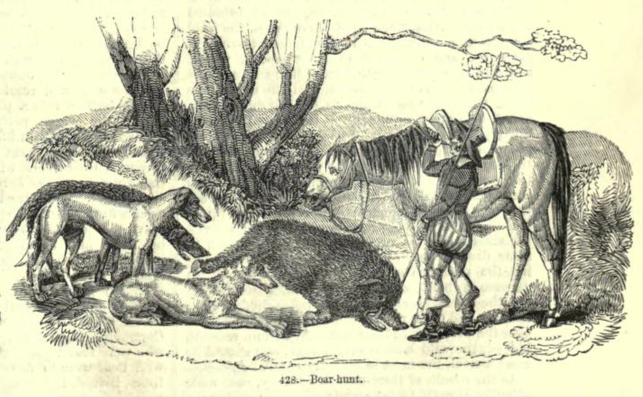 Illustration of a boar hunt: a hunter with a spear stands next to a horse. Two dogs surround a fallen boar near trees. The scene is set in a natural environment.