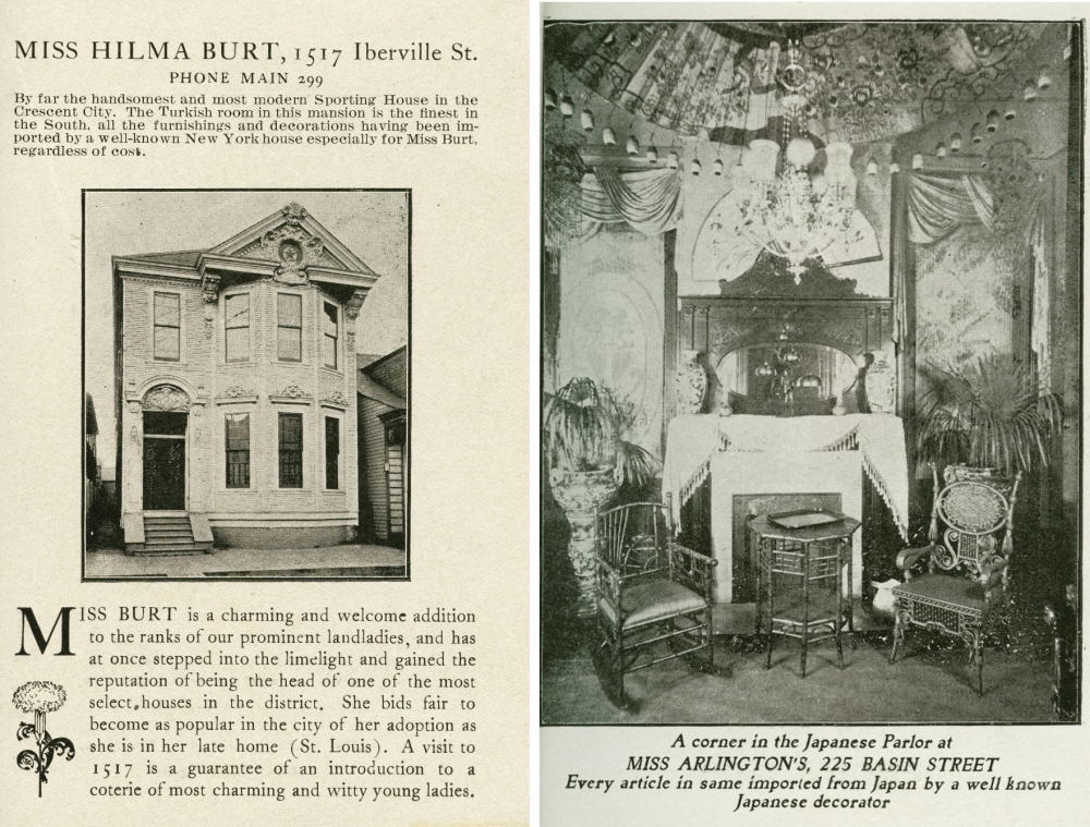 A black-and-white vintage advertisement featuring Miss Hilma Burts house at 1517 Iberville St., described as a luxurious sporting home with a Japanese parlor at Miss Arlingtons on Basin Street. The ad highlights elegance and hospitality.