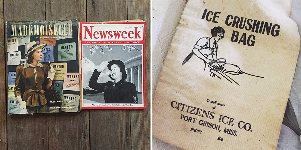Two vintage magazines, Mademoiselle and Newsweek, are displayed next to a canvas ice-crushing bag from Citizens Ice Co., Port Gibson, Miss. The bag features an illustration of a woman using the bag.