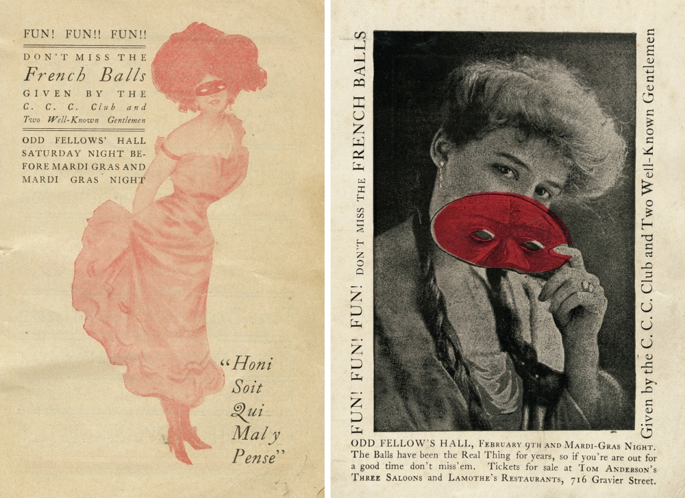 Left side shows a vintage woman in a pink dress and red mask with the text Dont miss the French Balls. Right side features a woman holding a red mask to her face. Event details for French Balls in bold.