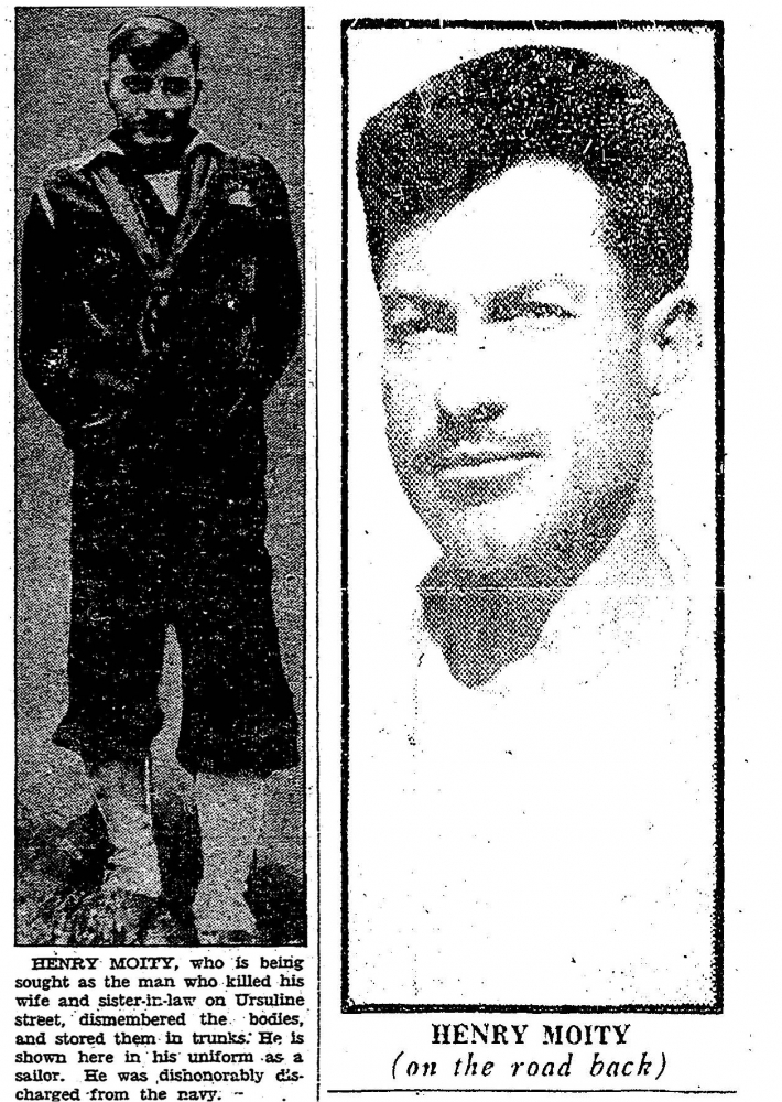 Two images of a man in a sailor uniform. The text describes him as Henry Moity, alleged to have committed crimes. The first image is full-body, while the second is a portrait.
