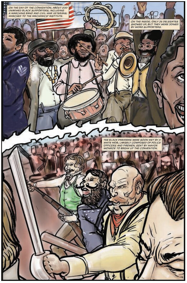 A comic scene depicts a lively crowd of diverse delegates in 1865 with musical instruments, including a drum and tambourine, celebrating outside a convention. A second panel shows a confrontation with an axe-wielding group indoors.