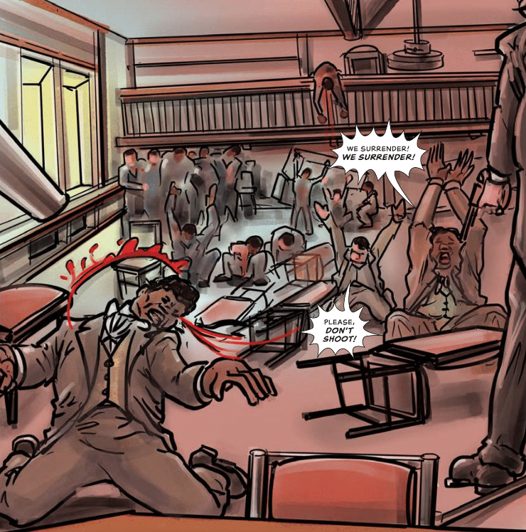 A chaotic scene in a room with people in distress. Some are raising their hands in surrender, while others are injured and bleeding on the floor. Desks and chairs are overturned, and the atmosphere is tense and urgent. Speech bubbles convey surrender pleas.