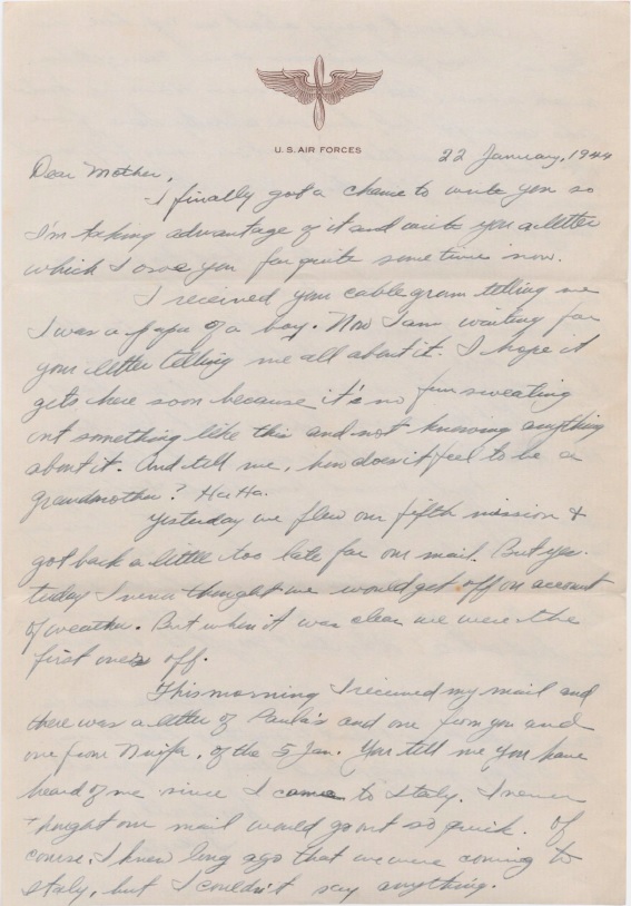 A photograph of a letter from Cervantes to his mother, dated January 11, 1945.
