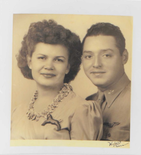 A sepia tone photo shows Paula and Francis Cervantes, taken the day before he shipped out in 1944.