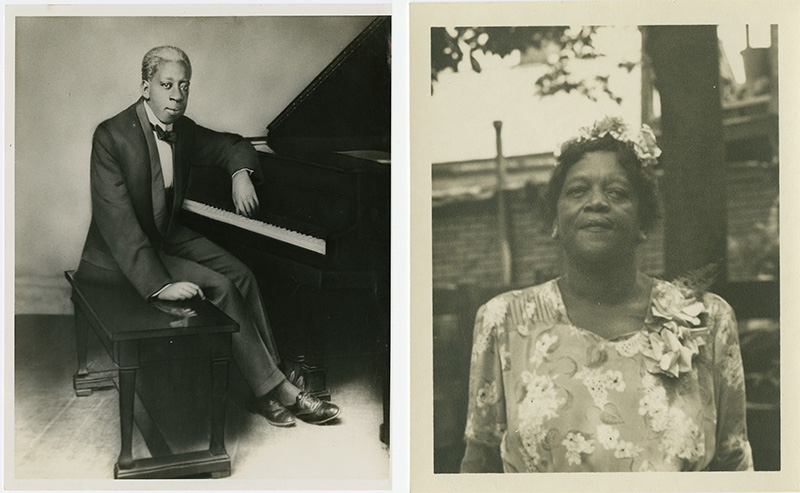 A black and white photo collage: on the left, a man in a suit sits at a piano; on the right, a woman stands outdoors wearing a floral dress and headpiece, with trees in the background.