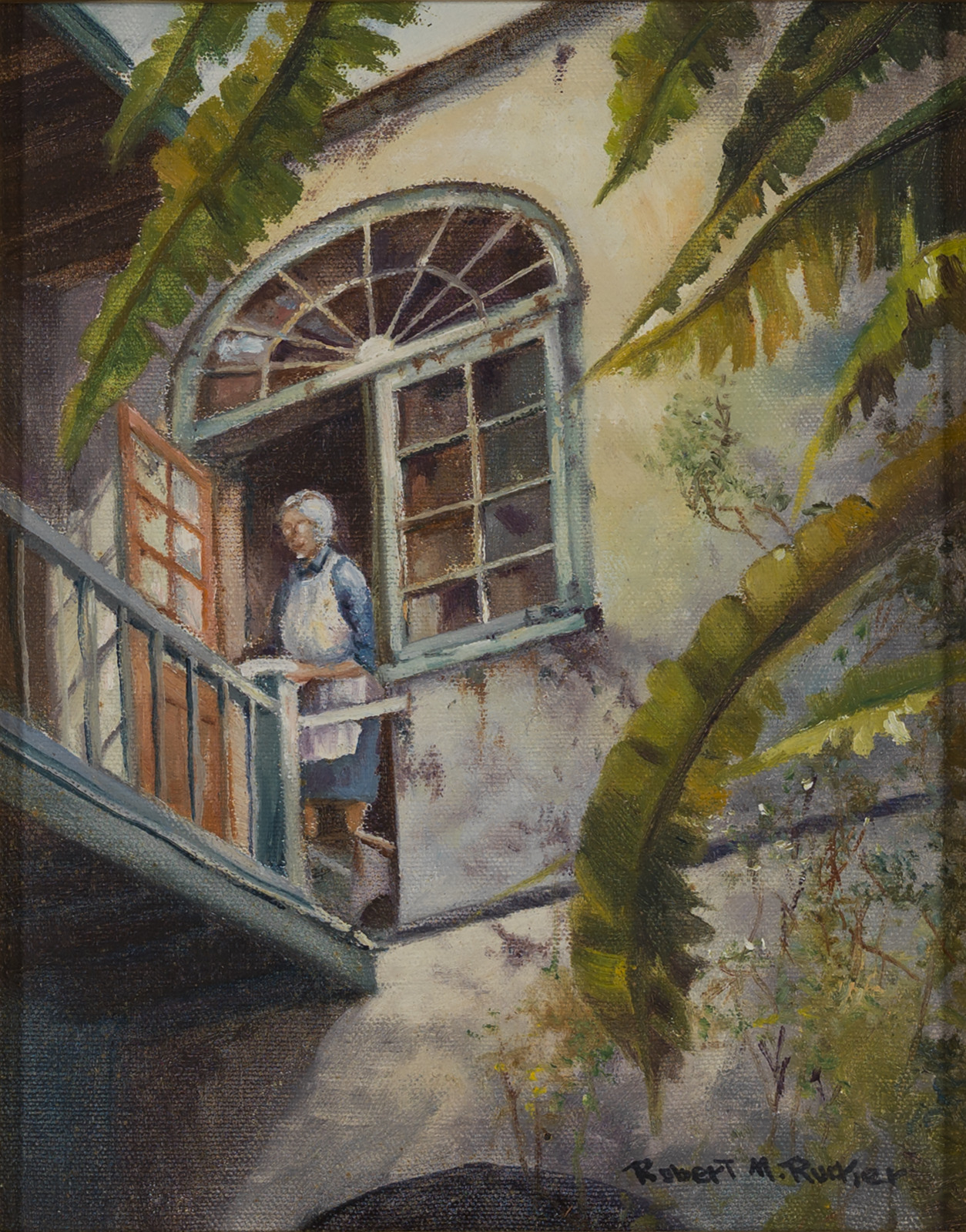 Woman on balcony, between 1965 and 1985, oil on canvas by Robert Malcolm Rucker.