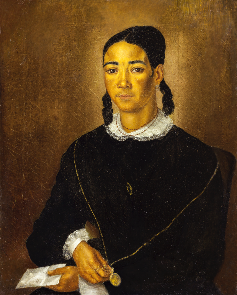 A formal portrait of a person with dark hair styled in braids, wearing a dark dress with a white lace collar. The person holds a letter and a gold locket on a chain. The background is a textured ochre color, creating a classic, historical ambiance.