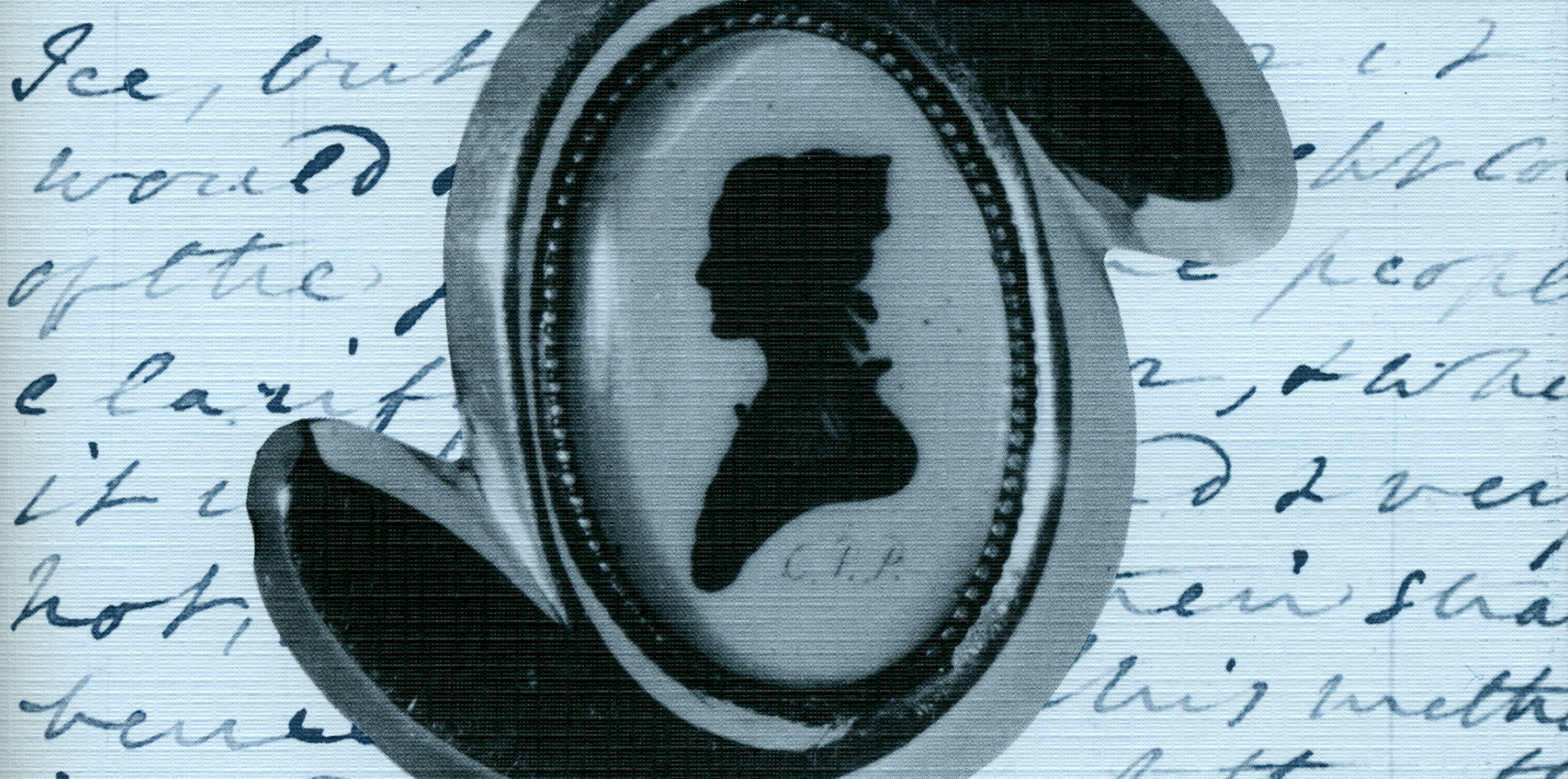 A silhouetted cameo of a woman in profile, set within an ornate oval frame. The background features cursive handwriting in blue ink on a textured surface, resembling an old letter or manuscript. The image has a vintage, monochromatic blue tone.