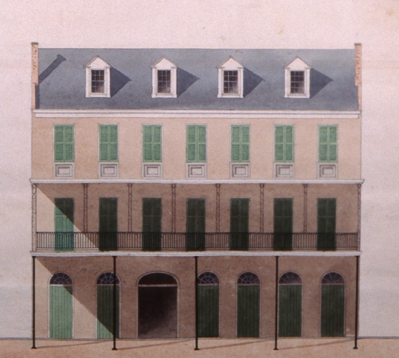 Illustration of a three-story building with a blue roof and dormer windows. The facade is characterized by green shutters and a balcony on the second floor, with large arched doorways on the ground level.