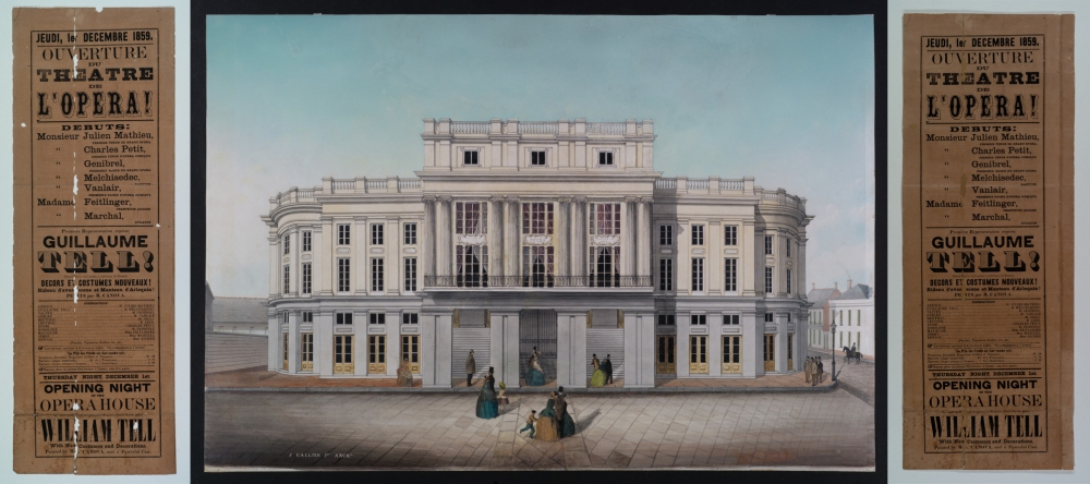 A historic theater building with classical architecture is flanked by two vintage posters announcing an opera event. The scene includes people in period clothing walking and gathering in front of the theater.
