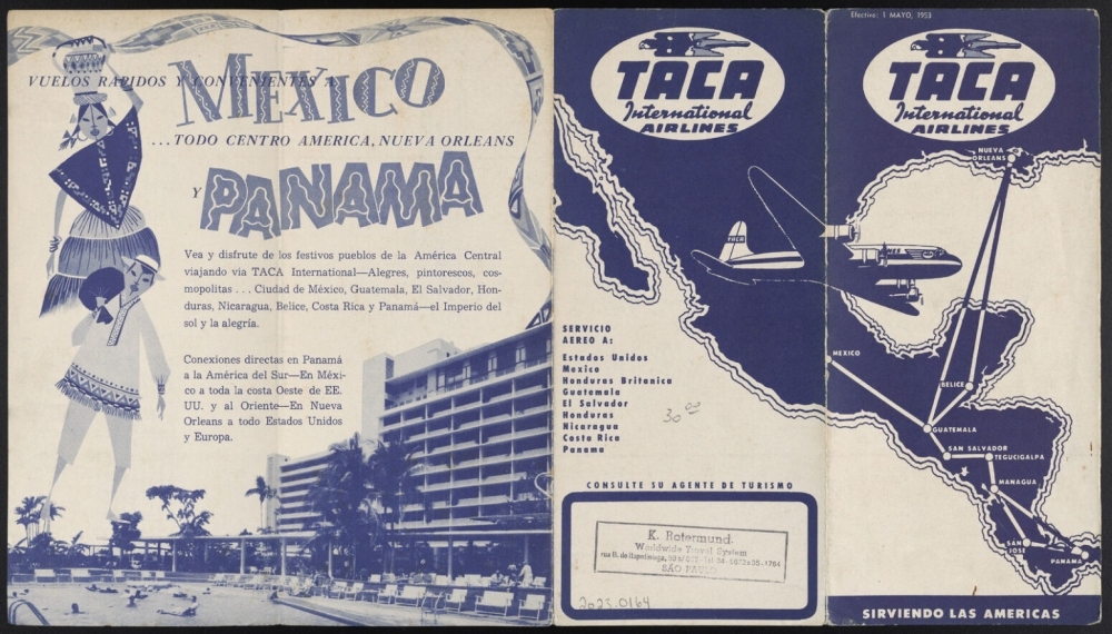 A vintage TACA International Airlines brochure featuring an illustration of a plane flying over a map, a woman in traditional attire, and a beach hotel. Text highlights flights to Mexico, Panama, Central America, and New Orleans.
