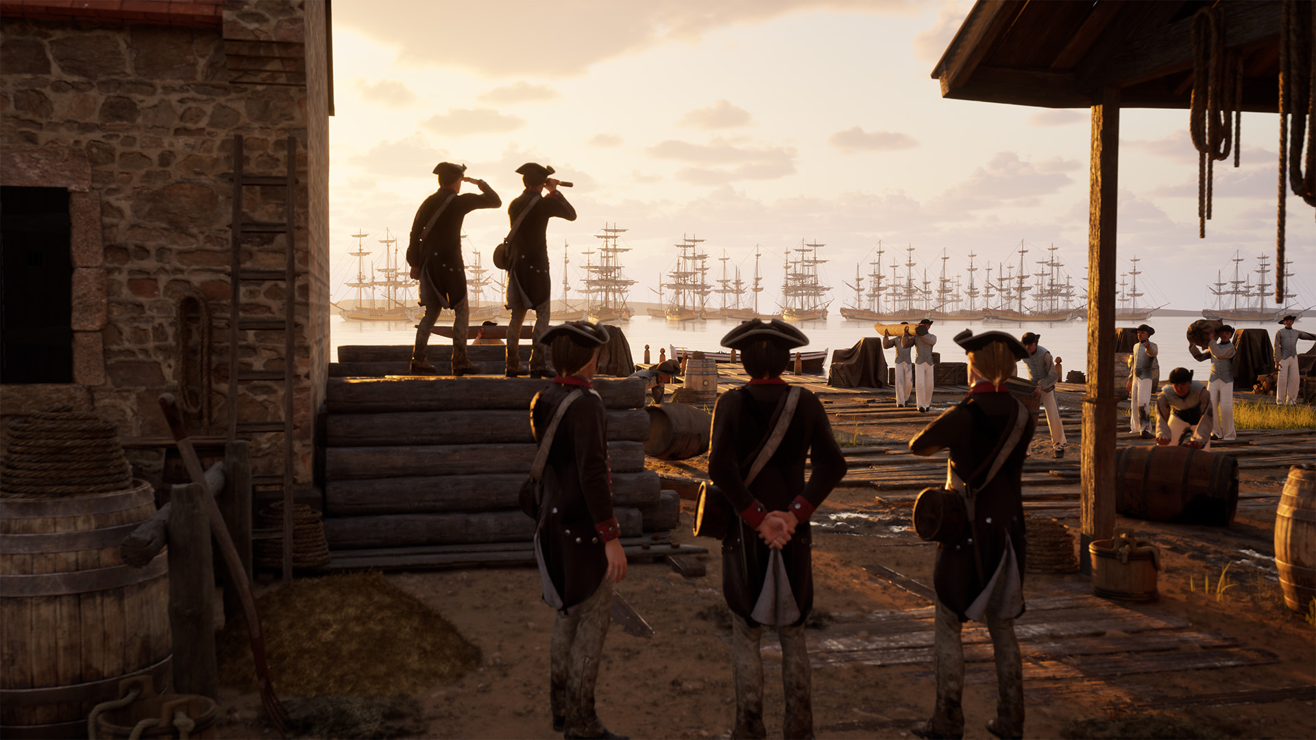 Still rendering from "American Revolution: The Augmented Exhibition" showing a port scene