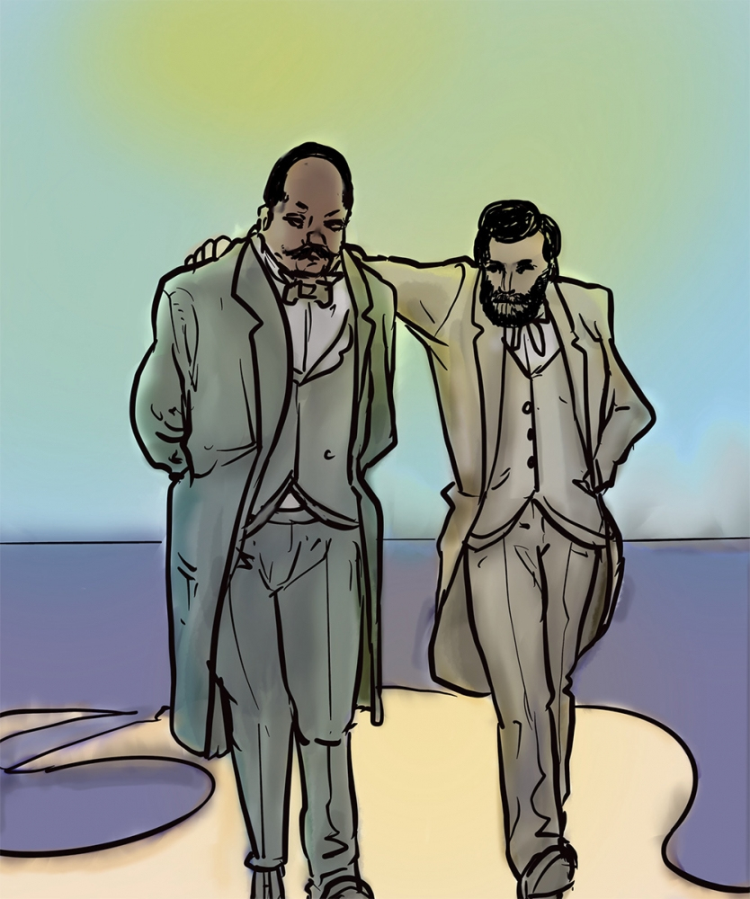 A stylized illustration of two men in old-fashioned suits walking side by side on a sandy beach. One man has his arm around the others shoulder. The background features a gradient sky transitioning from blue to green.