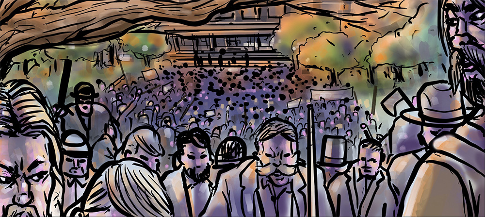 A colorful illustration depicts a crowded street scene with a large group of people. Figures in the foreground appear to be holding weapons, while a dense crowd is gathered in front of a building. A tree branch extends across the top of the image.
