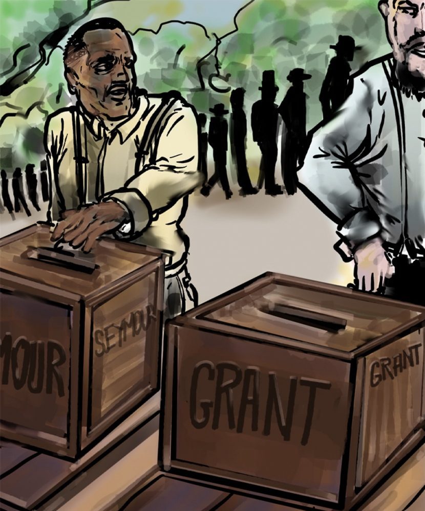 A man wearing suspenders places a ballot in a box labeled Grant. Another box, labeled Seymour, is nearby. Silhouettes of people stand in the background under trees.