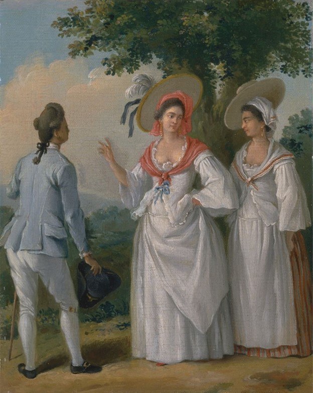 A historical painting depicts two women and a man in 18th-century attire. The women wear elegant dresses and wide-brimmed hats with feathers, while the man wears a light suit and holds a tricorne hat. They stand in a pastoral landscape.