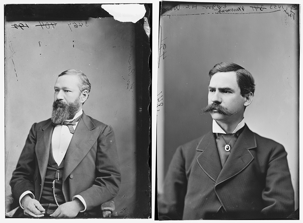 Two black-and-white portraits of men from the 19th century. The man on the left has a beard and wears a suit with a bow tie. The man on the right has a mustache and wears a suit with a decorative pin on his tie. Both have serious expressions.