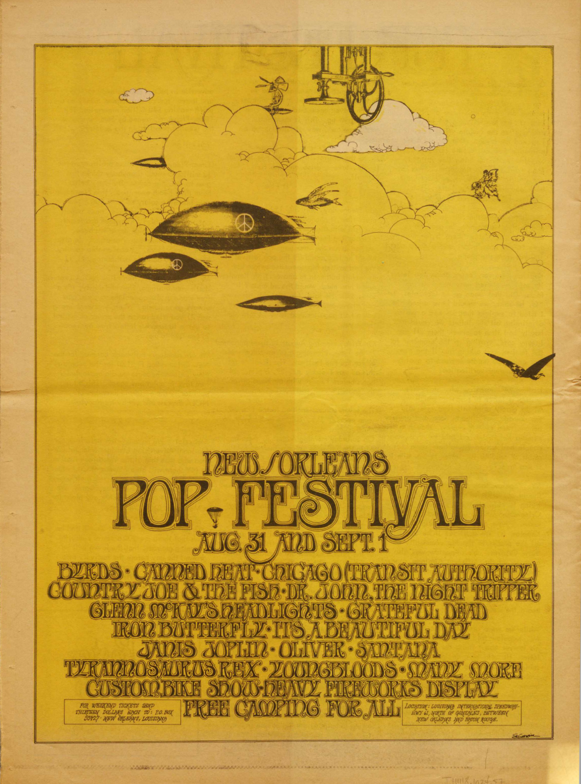 Vintage poster for the New Orleans Pop Festival on August 31 and September 1. Features illustrations of flying saucers and clouds. Lists performers like The Byrds, Janis Joplin, and more. Yellow background with decorative text.