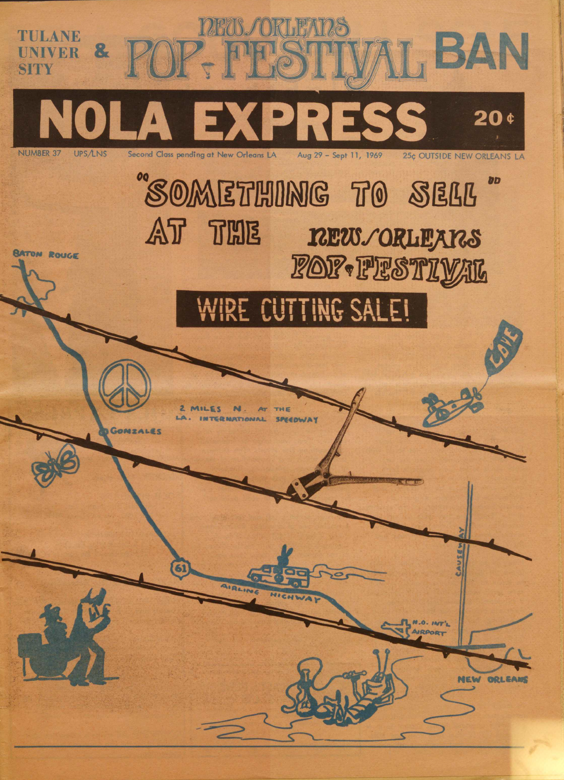 Vintage NOLA Express newspaper cover featuring a map of the New Orleans Pop Festival and the phrase Something to Sell at the New Orleans Pop Festival. Includes cartoon drawings and details of nearby locations and roads.