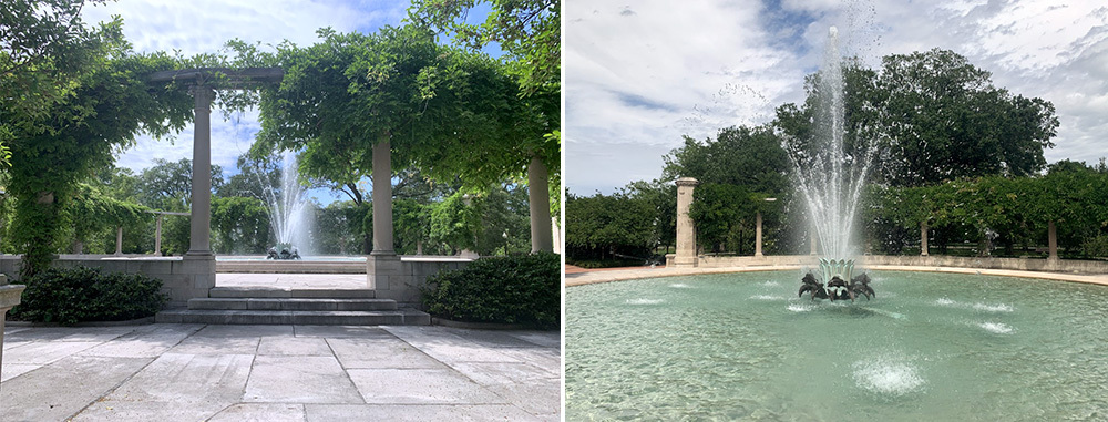 Left: A shaded stone pavilion with lush greenery and a distant view of a fountain. Right: A close-up of the fountain spraying water upwards in a circular pool, surrounded by trees under a cloudy sky.